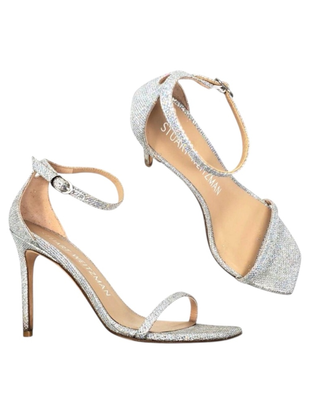 Stuart Weitzman Nudistcurve Glitter Ankle Strap Sandals Silver Crystal Size 8.5